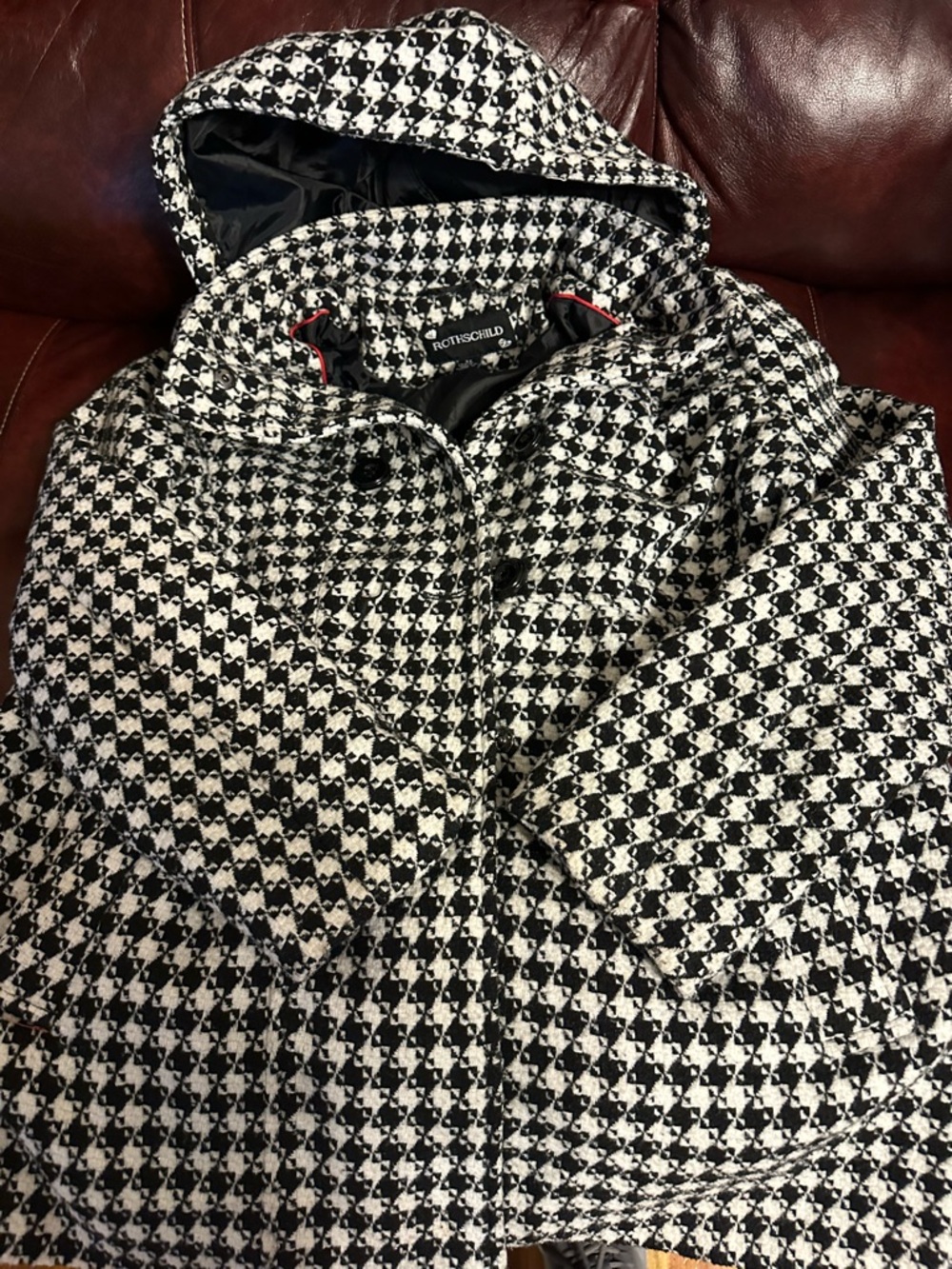 Rothschild Houndstooth Coat in Black & White with Red Trim